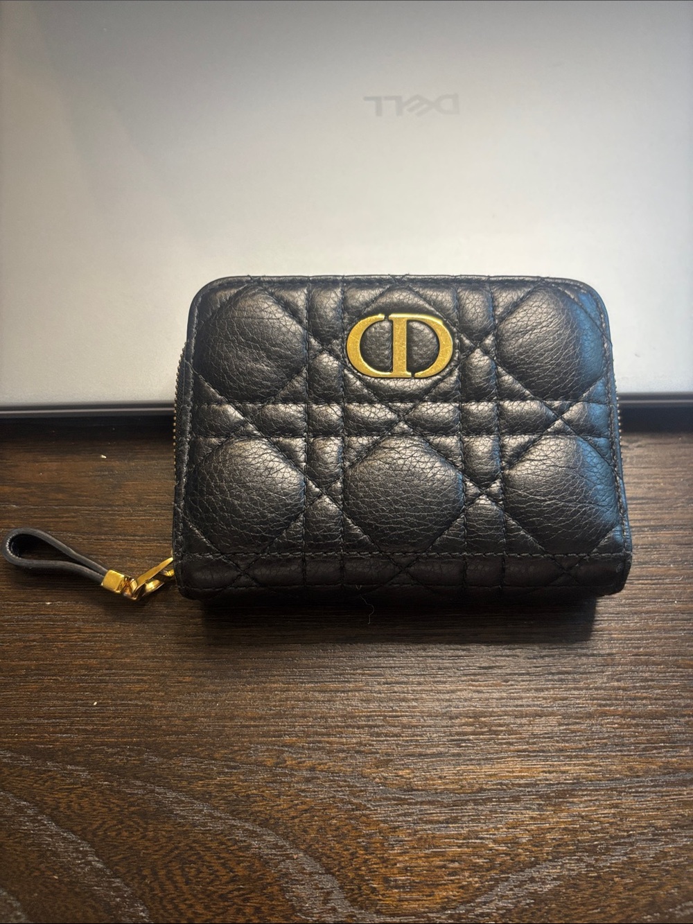 Dior Black Quilted Leather Zip Card Holder with Gold CD Logo with COA